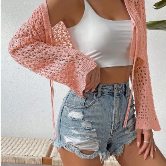 Pink Boho Crochet Knit Tie Front Cardigan Sweater Scallop Trim Cropped Top Small - Picture 6 of 16